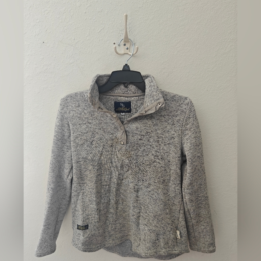 Simply Southern Womens Sweater Gray Sweatshirt Knit Snap Neck Pullover